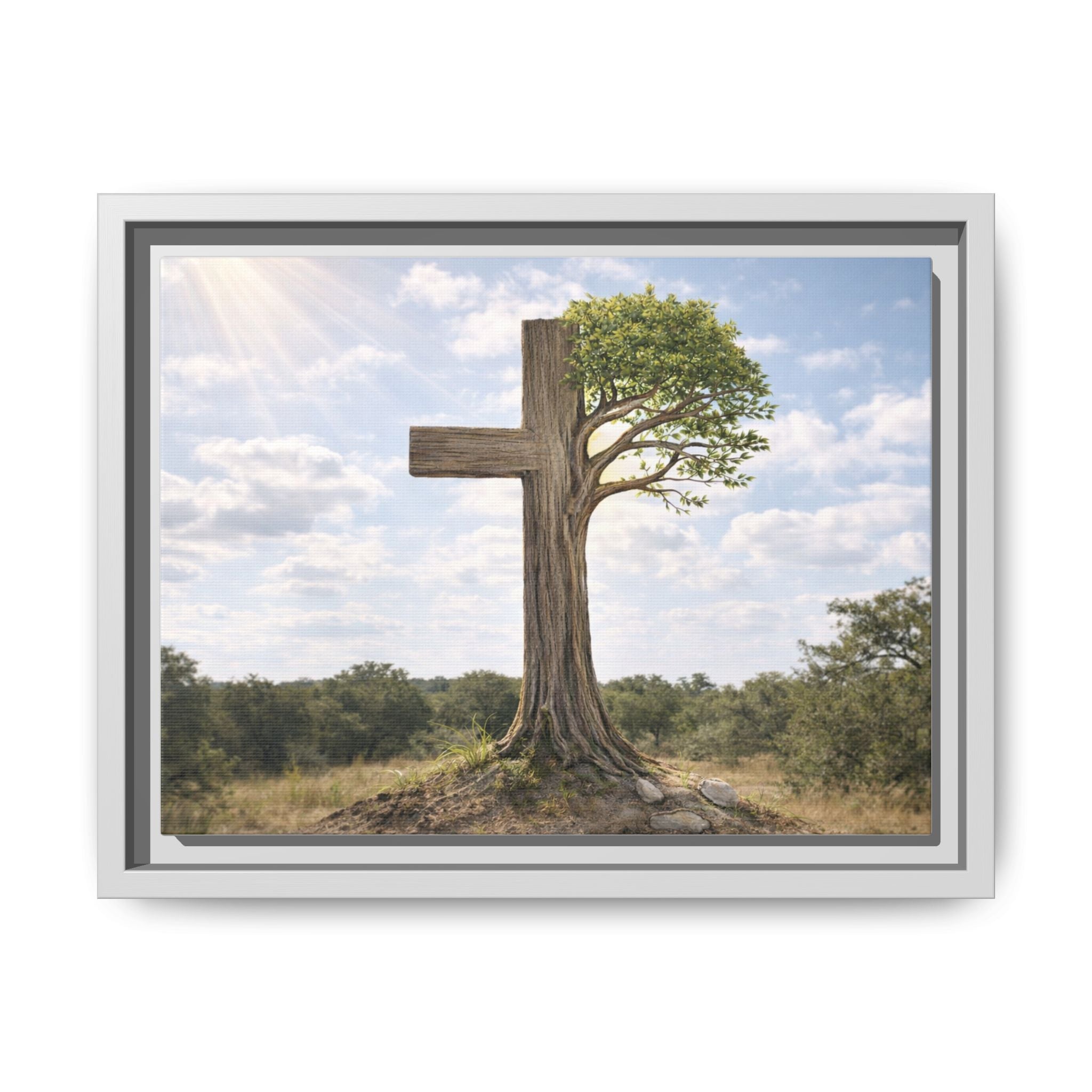 Framed Canvas Art — Tree Cross Landscape Spiritual Wall Decor