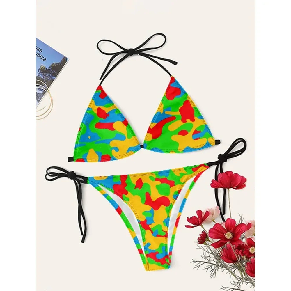 Women's Sexy Multicolor Camo Bikini Set — Adjustable Straps High Waist Quick Dry Beachwear