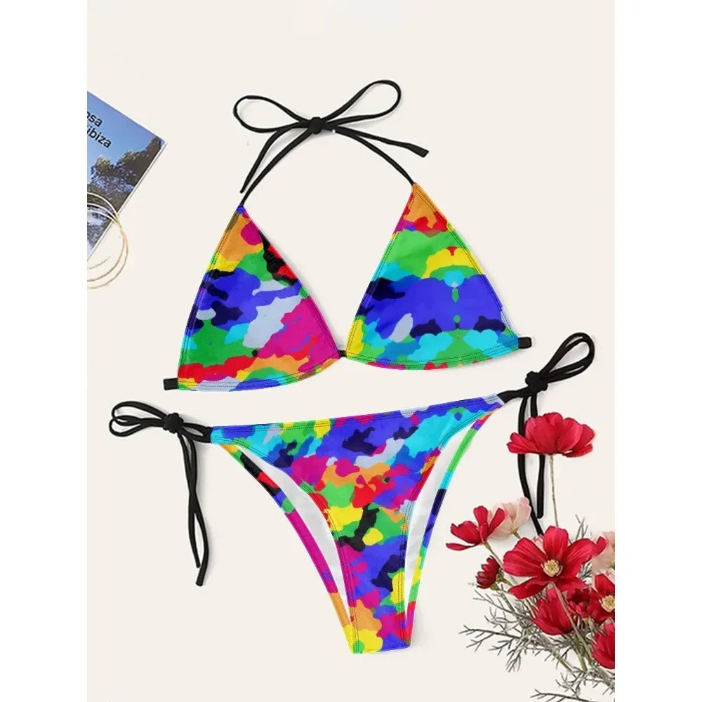 Women's Sexy Multicolor Camo Bikini Set — Adjustable Straps High Waist Quick Dry Beachwear