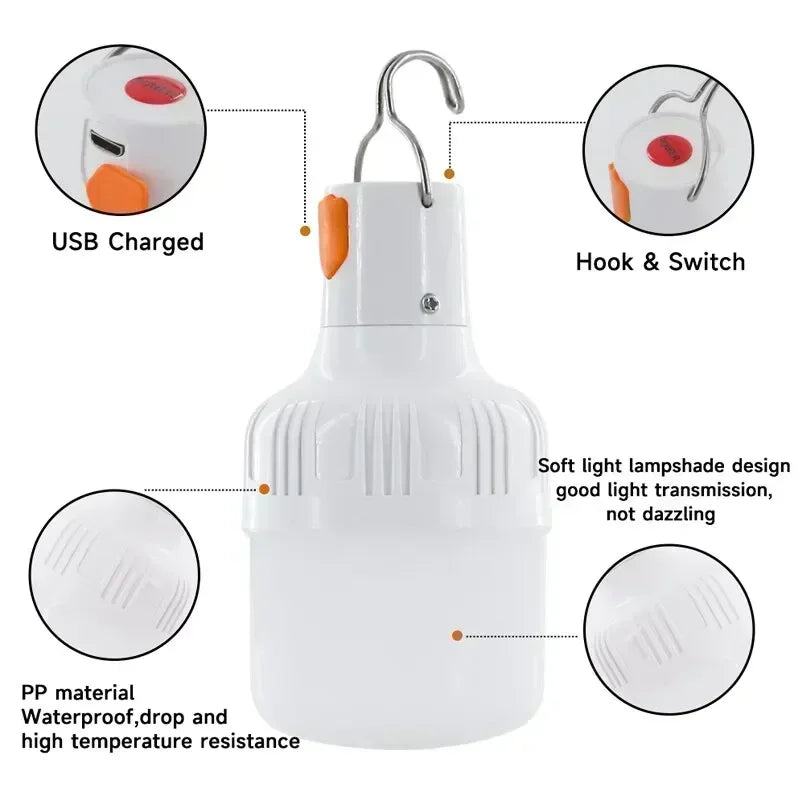 Portable Rechargeable LED Camping Light with Hook Dimmable Tent Lantern USB Charging Outdoor Emergency Multifunctional LED Lamp